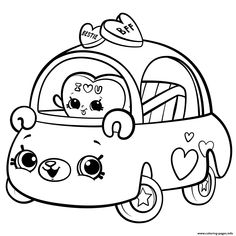 a cartoon car with hearts and stars on the roof, in black and white coloring pages