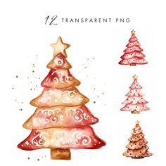 watercolor christmas trees with stars and swirls on the top, in different colors