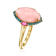 Ross-Simons - Pink Opal, .20ct t. w. Rhodolite Garnet, .19ct t. w. Blue Diamond Ring Size 6. Introducing your newest indulgence - this candy-colored ring is a gemstone dream! The 14x8mm marquise pink opal cabochon centerpiece is accentuated by a richly colored frame of .19 ct. t. w. round brilliant-cut blue diamonds and .20 ct. t. w. marquise rhodolite garnets. Set in 14kt yellow gold. 5/8" wide. Blue diamond, rhodolite garnet and pink opal ring. Our blue diamonds are natural diamonds that have Pink Jewerly, Pink Opal Ring, Blue Diamonds, Blue Diamond Ring, Diamond Birthstone, Opal Bracelet, Rhodolite Garnet, Pink Gemstones, I Love Jewelry