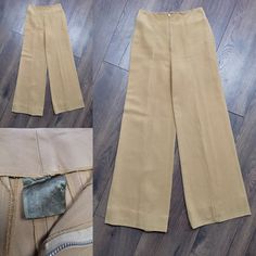 "Original 1972 Biba gold wide leg flares. Made in a drill type fabric they feature a high waist with fitted hips and wide leg long line flare cut. The hem is large inside so possibly been turned up but not cut!  Metal zip down the front with the original gold satin Biba label in the waistline. These have a couple if stressed seams to the front ( see photos ) and some small marks but other than that are clean and ready to wear.  Measures when laid flat  Waist - 12.5\" Hips - 16\" Outside leg length - 40\" Inside leg length - 30.5\" If you have any questions please ask and we will try to help. Thanks for looking and happy buying xX" Gold Wide Leg Bottoms For Workwear, Vintage Wide Leg Pants For Spring, Spring Vintage Wide Leg Trousers, Spring Vintage Wide Leg Pants, Vintage High-waisted Wide Leg Pants For Work, Spring Vintage Fitted Flares, Retro Fitted Wide Leg Pants, Vintage High Waist Spring Flares, Vintage High Waist Flares For Spring