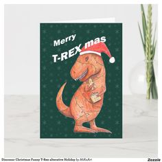 a christmas card with a dinosaur wearing a santa hat on it's head and the words merry t - rex