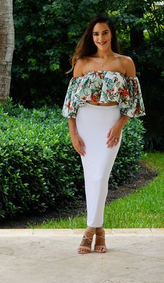 Available in Blue, Pink, and White/Tropical Bardot Style Bell Sleeves 65% Cotton 35% Polyester Model is wearing a small Model Stats:Height: 5.5" | Bust: 34" | Cup: D | Waist: 26" | Hips: 36" Lavender And Light Blue, Bardot Style, Pencil Skirt White, High Waisted Pencil Skirt, Skirt White, Shoulder Crop Top, Decorations Ideas, Outfits Women, Black Romper