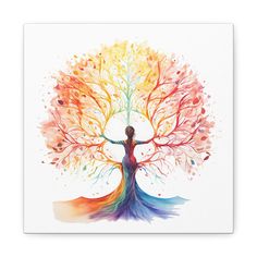 a woman standing in front of a colorful tree with her arms spread out to the side