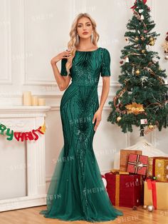 Dark Green  Collar Short Sleeve Sequins Plain Bodycon Embellished Medium Stretch  Weddings & Events Collared Greens, Evening Dresses Prom, Formal Dress, Dress P, Mermaid Formal Dress, Evening Dress, Wedding Events, Dark Green, Evening Dresses