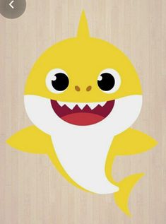 a yellow and white cartoon shark with big eyes on it's face, standing in front of a wood paneled wall