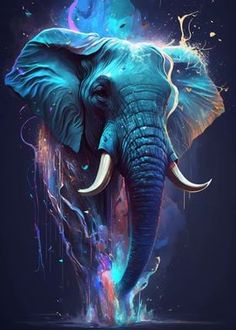 an elephant with tusks standing in front of a dark background and colorful paint splatters