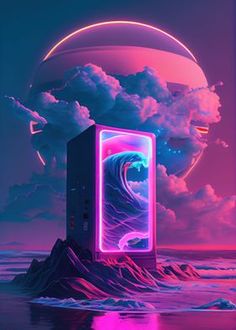 a computer tower sitting on top of a beach under a cloudy blue and pink sky