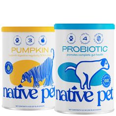 two cans of pumpkin probiotic and native prenative pet are shown in this image