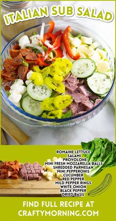 a salad with meat and vegetables is shown in this ad for the italian sub salad