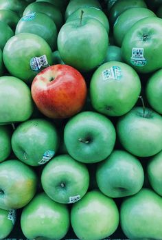 a pile of green apples with one red apple in the middle surrounded by smaller ones