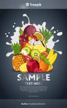 a bunch of different fruits and vegetables with milk splashing around them on a dark background