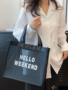 BirdinBag - Alphabet Mesh Printed Tote: Spacious & Stylish Letter Bag, Hello Weekend, Shoulder Tote Bag, Print Tote, Shoulder Tote, Alphabet, Mesh, Tote Bag, Black