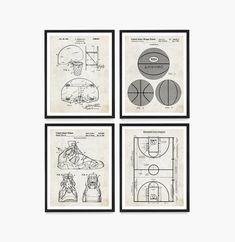 four framed drawings of basketball equipment