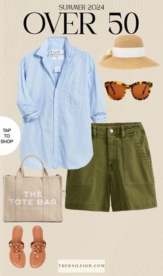 Shorts Outfits for Women Over 50 Olive Shorts Outfit Summer, Olive Shorts Outfit, Classic Summer Capsule Wardrobe, Summer Outfit Ideas For Women, Wardrobe For Women, Classic Outfits For Women, Hot Summer Outfits, Clothes For Women Over 50, Olive Pants