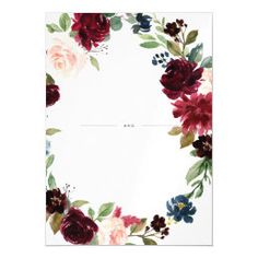 a white card with red and pink flowers on it