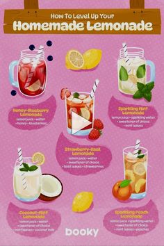 a pink poster with different types of lemonade