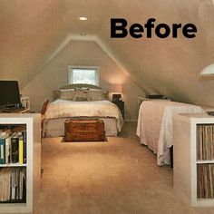 an attic bedroom with two beds and bookshelves in the corner, before and after remodeling