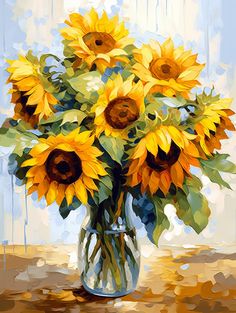 a painting of sunflowers in a vase on a table