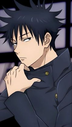 an anime character with black hair and blue eyes