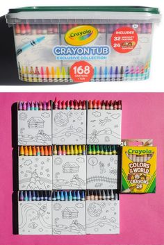 crayon pencils are lined up on a pink background and in a plastic container