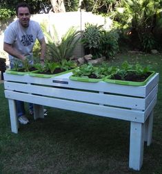 a man kneeling down next to two planters with plants in them on top of a bench