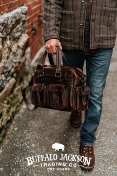 Men's vintage brown leather pilot briefcase bag. Roomy interior sleeve for laptops. Handcrafted to handle a lifetime of business, luxury, adventure, and more. Great gift idea for men who appreciate quality and style. Buffalo Jackson, Mens Rugged, Waxed Canvas Bag, Briefcase Bag, Casual Professional, Rugged Leather, Bag Dark, Briefcase For Men, Mens Leather Bag