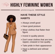 a woman in a brown suit and heels with the words, highly feminine women have these style