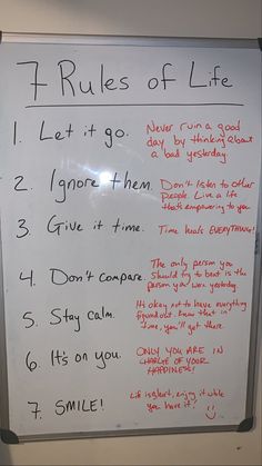 a white board with writing on it that says rules of life and 3 days to go