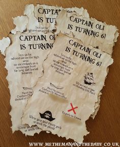 three pieces of torn paper with pirate words on them