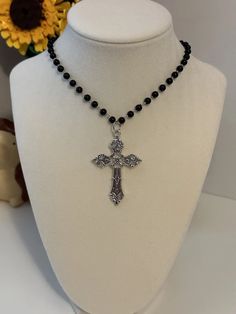 Black Beaded Choker Necklace With Silver Cross Pendant Charm Vintage Gothic New | eBay Diy Black Necklace, Black Beaded Cross Necklace, Goth Cross Necklace, Cute Necklaces To Make, Diy Cross Necklace, Christmas Reference, Large Cross Necklace, Jewelry Cross Necklace, Gothic Cross Necklace