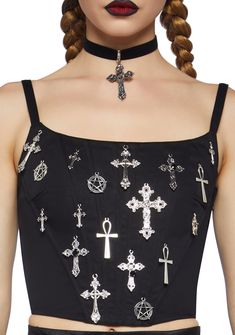 are gonna bring 'em to their knees. Find your new religion in this top that has structured boning, a back lace-up design, adjustable shoulder straps, dangling cross charms, a cropped fit, and a side zipper closure. Dollskill Outfits, Black Lace Corset Top, Idol Worship, Black Lace Corset, Black Doll, Cross Charms, Rave Outfits, Gothic Fashion, Dolls Kill