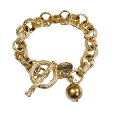 18K gold over steel. Large easy to manage decorative toggle clasp. Heavy round link chain. Gold coated freshwater pearl dangles. Coming soon the Puff Center Beaded Bracelet. See the Brushed Gold Stretch Bracelet show in photo. Shop with confidence! We want you to love wearing, sharing and giving Beauty In Stone Jewelry! We gladly accept returns within 15 days of purchase on unworn jewelry. Any problems after that we're happy to repair it or replace it within 60 days. Elegant Gold Pearl Bracelet With Charms, Gold Metal Bracelet With Toggle Clasp, Gold Metal Charm Bracelet With Toggle Clasp, Elegant Gold Charm Bracelet With Toggle Clasp, Gold Stretch Bracelet, Note Box, Gold Pearl, Baroque Pearls, Chain Link Bracelet