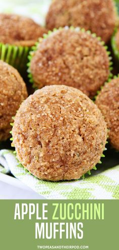 apple zucchini muffins on a green and white towel with text overlay