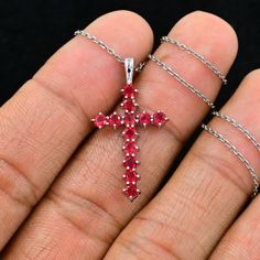 Natural Ruby Holy Cross, July Birthstone Pendant, Red Gemstone Pendant, Pendant, 925 Sterling Silver Jewelry, Wedding Gift, Pendant For Wife Description :- ● Code:- HC-720 ● Main Stone:- Ruby ● Birthstone Month:- July ● Color:- Red ● Carat Weight:- 1.8 Ct Approx ● Total Weight:- 3.44 Gram ● Gemstone Creation:- 100% Natural ● Gem Size:- 3mm ● Gemstone Creation:- 3mm Some of the amazing additional features of this product: ● Fine, professional cut natural gemstones - not synthetic, lab created, nor simulated ● Elegant, makes beautiful engagement gift; anniversary gift; bridesmaid gift; gift for girlfriend; gifts for mom; gift for fiancée ● Suitable for all special occasions 💎Customization: We welcome custom orders! While this listing is a fixed listing, we can always customize this design f Red Cross Necklace In Sterling Silver, Red Sterling Silver Cross Necklace, Red Lab-created Ruby Pendant Jewelry, Handmade Red Cross Pendant Jewelry, Red Spiritual Cross Pendant Jewelry, Handmade Red Cross Jewelry, July Colors, Ruby Anniversary, Ruby Birthstone