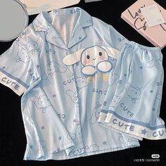 Cinnamon Roll Sanrio Pjs, Cinnamon Roll Pajamas, Cinnamon Roll Sanrio Clothes, Cinnamoroll Pjs, Cinnamon Roll Outfit, Sanrio Products, Satin Short Sleeve, Sanrio Stuff