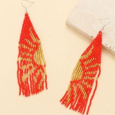 Approx 5" Handcrafted Red With Abstract Golden Sun Rays Design Bohemian Dangle Earrings More Colors Available, See Last Pic Boho Statement Jewelry Most Of My Other Earrings Are Dangle Types (Like These) That Can Be Upgraded To Solid Sterling Silver Or 14k Gold Filled Wires. I Have Some Extra Stainless Steel Wires And Gold Tone Wires Too. If You Want To Switch Out The Wires To One Of Those I Will Customize Them For You For Free. I Have A Background In Jewelry Design In Nyc And I Buy My Ear Wires Red Drop Beaded Earrings For Celebration, Red Beaded Earrings With Large Beads, Red Beaded Drop Earrings With Large Beads, Red Beaded Earrings For Summer, Red Festive Dangle Beaded Earrings, Red Gold Beaded Drop Earrings, Red Dangle Beaded Earrings For Summer, Red Party Beaded Earrings With Colorful Beads, Red Festive Earrings For Summer