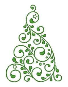 a green christmas tree with swirls and stars in the center on a white background