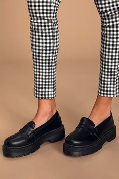 The Lulus Maysie Black Flatform Loafers are giving us major 90's-chic vibes, and we're not mad about it! Smooth faux leather shapes these retro-inspired kicks with a rounded toe, notched collar, and chunky 1.5"" platform sole. Available in whole sizes only. 1. 75" rubber platform sole. Cushioned insole. Rubber sole has nonskid markings. All Man Made Materials. Imported. Lulus | Maysie Black Flatform Loafers | Size 8. Retro Platform Shoes, Chunky Platform Shoes Outfit, White Platform Loafers Outfit, How To Wear Chunky Loafers, Platform Loafers Outfit, Black Loafers Women's, Loafers For Women Outfit, Loafer Outfits, Loafers Platform