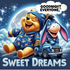 winnie the pooh and piggy on top of a blue car in front of a full moon