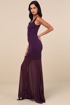 All will be in awe of a whimsically special look like the Lulus Sincerely Exemplary Purple Sleeveless Trumpet Hem Maxi Dress! Stretchy crepe knit shapes this chic dress that features a princess-seamed bodice with a flattering under-bust seam, a trendy square neck (and back), and slender tank straps. The figure-flaunting silhouette continues down to a breezy, sheer chiffon trumpet-style maxi hem. Hidden back zipper/clasp. Fit: This garment fits true to size. Length: Floor length. Size medium meas Flowy Sleeveless Evening Dress For Gala, Sleeveless Dress With Fitted Bodice And Flattering Silhouette, Fitted Sleeveless Chiffon Evening Dress, Chic Sleeveless Fit And Flare Evening Dress, Fitted Sleeveless Purple Evening Dress, Flowy Sleeveless Evening Dress, Fitted Purple Sleeveless Evening Dress, Purple Fitted Sleeveless Evening Dress, Flowy Sleeveless Prom Dress