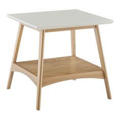 a small wooden table with a white top