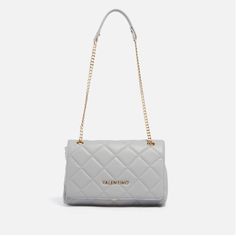 Valentino Ocarina Bag Light Grey Quilted Faux Leather Adjustable Chain-Trimmed Handles, Designer Plaque, Gold-Tone Hardware Internal Zipped Pocket, Appliqud Designer Patch, Fully Lined Designer Colour: Perla Push-Lock Front Flap Closure Dimensions: H: 15cm X W: 26cm X D: 9cm. Strap Drop: 32-60cm. Valentino Ocarina Bag, Mario Valentino, Faux Leather Bag, Leather Bag Women, Valentino Bags, Bag Light, Diamond Quilt, Phone Wallet, Chain Bags