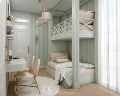 a bedroom with bunk beds and desks in the corner next to a wall mounted lamp