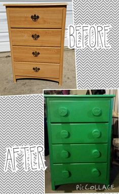 before and after photos of an old dresser with green paint, the bottom drawer has been painted