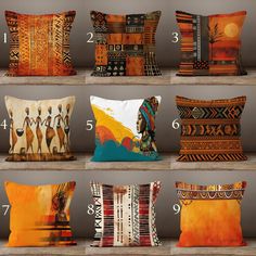 six pillows with different designs on them in various sizes and colors, each featuring an african woman's headdress