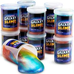 six buckets of galaxy slime are shown