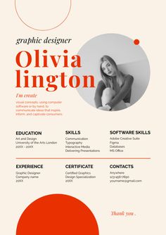 an orange and white resume for graphic designer with a red circle on the bottom right corner