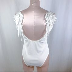 New, Never Worn. Measurement: Across Chest:17” Across Waist: 14” 35% Cotton 65% Poly White Fitted Backless Bodysuit, White Fitted Bodysuit For Party, White Backless Bodysuit For Party, White Sleeveless Bodysuit For Party, White Sleeveless Party Bodysuit, Fitted White Bodysuit For Summer, White Summer Party Bodysuit, White One-piece Party Bodysuit, Women Angel