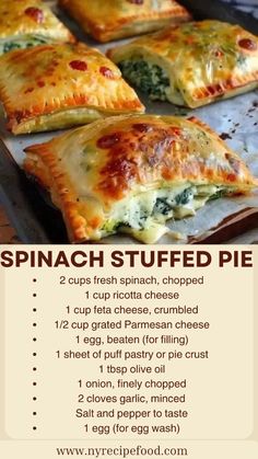 the recipe for spinach stuffed pies is shown in an advertisement with instructions on how to make them