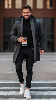 Mens Casual Dress Outfits Winter, Mens Jackets Outfit, Charcoal Jacket Outfit Men, Men Coats Fashion, Mens Winter Fashion Outfits 2024, Mens Style 2024 Winter, New York Men’s Winter Outfits, Minimalist Edgy Style Aesthetic, Italian Winter Outfits Men